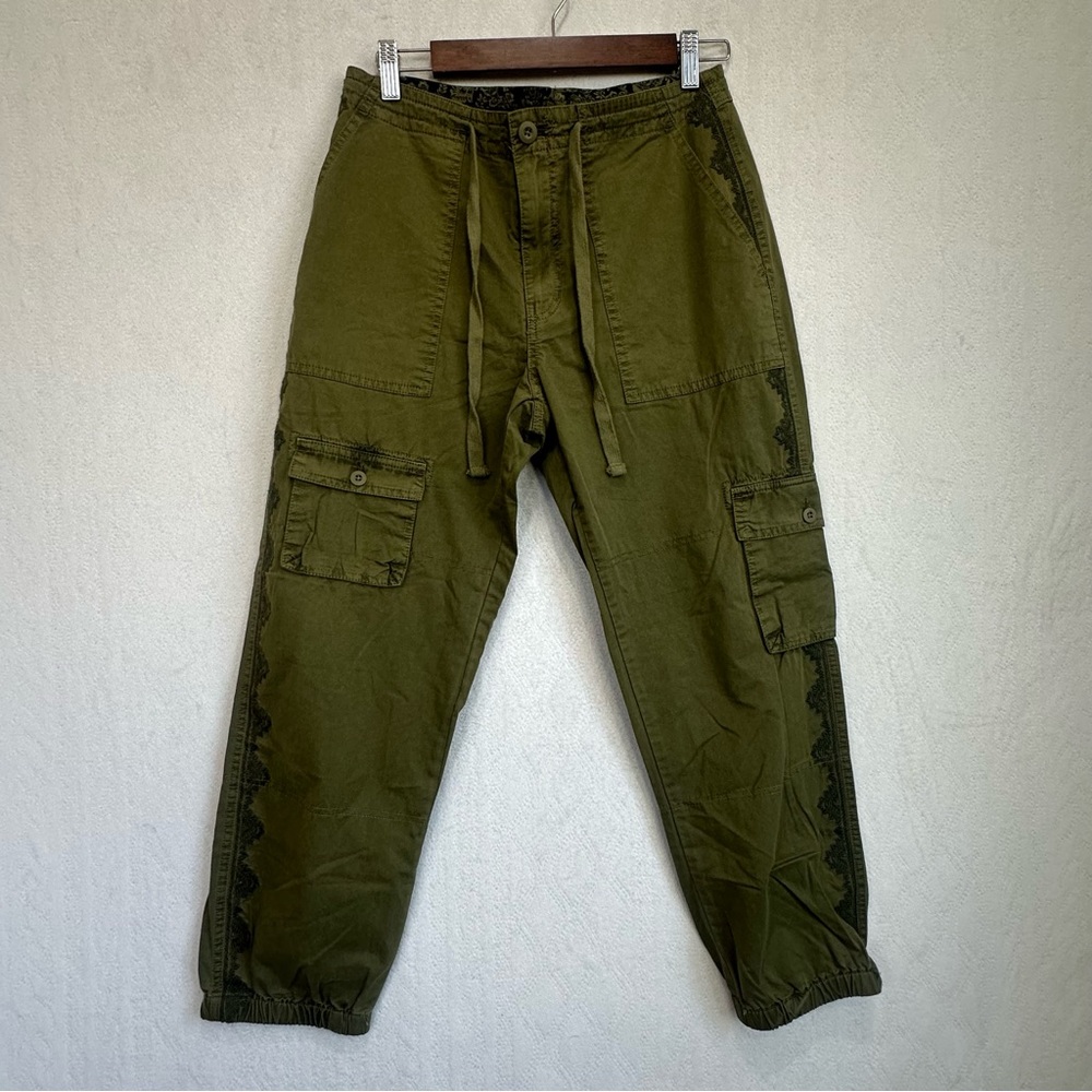 NWT Sundance Boho Olive Green Cargo Pants Drawstring Sz 6P Embroidery Hippie
